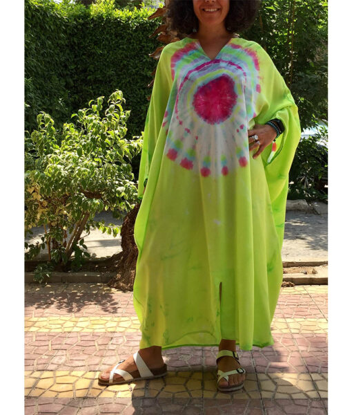 Lime Green & Pink Tie Dyed Kaftan handmade in Egypt & available in Jozee boutique