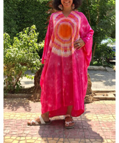 Fuchsia & Orange Tie Dyed Kaftan handmade in Egypt & available in Jozee boutique