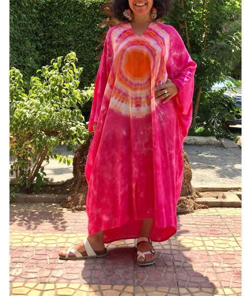 Fuchsia & Orange Tie Dyed Kaftan handmade in Egypt & available in Jozee boutique