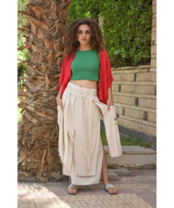 Beige Embroidered Linen Slices Skirt handmade in Egypt & available in Jozee boutique