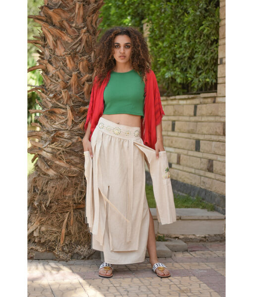 Beige Embroidered Linen Slices Skirt handmade in Egypt & available in Jozee boutique