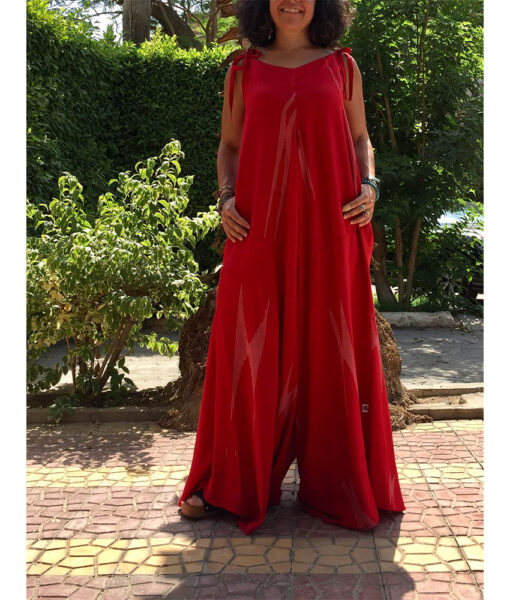 Red Flowy Jumpsuit/Dress handmade in Egypt & available at Jozee boutique