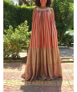 Beige & Red Flowy Viscose Dress handmade in Egypt & available in Jozee boutique