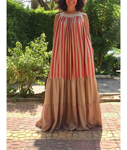 Beige & Red Flowy Viscose Dress handmade in Egypt & available in Jozee boutique