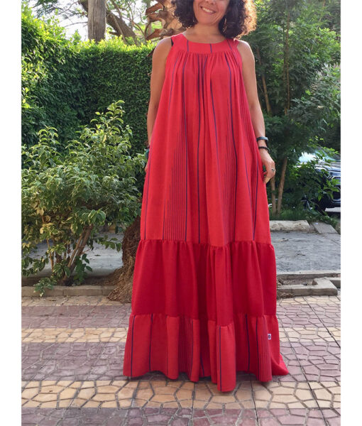 Red & Blue Flowy Viscose Dress handmade in Egypt & available in Jozee boutique