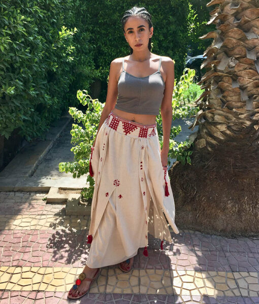 Beige Siwa Embroidered Linen Slices Skirt handmade in Egypt & available in Jozee boutique