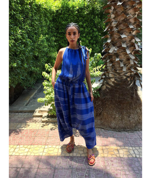 Blue & White Adjustable Viscose Jumpsuit handmade in Egypt & available in Jozee boutique