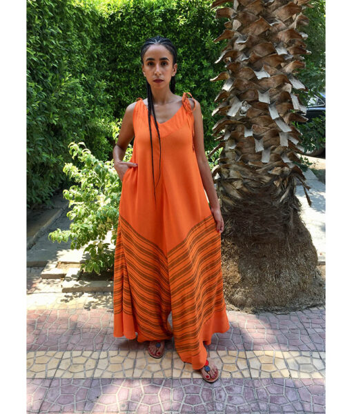 Orange Flowy Jumpsuit/Dress handmade in Egypt & available at Jozee boutique