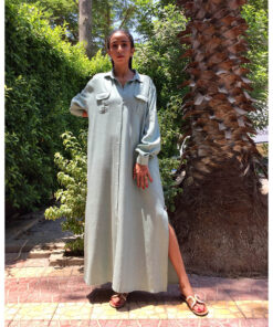 Light Basil linen shirt dress handmade in Egypt & available in Jozee boutique