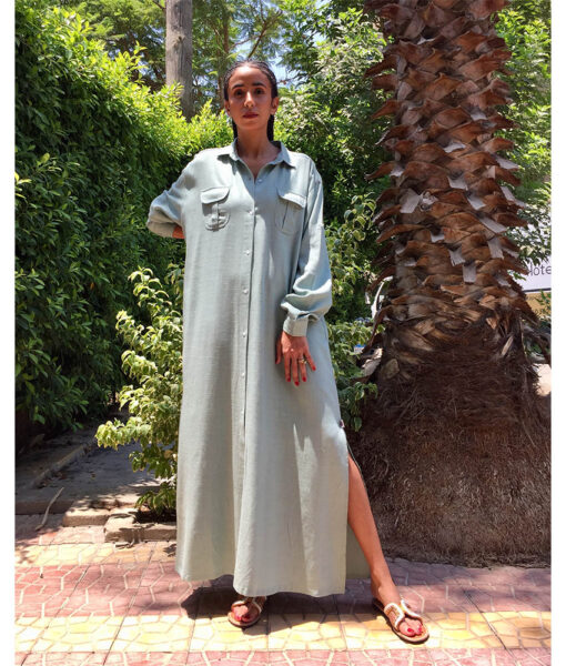 Light Basil linen shirt dress handmade in Egypt & available in Jozee boutique