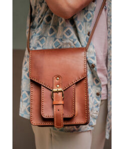 Brown Genuine Leather Cross Bag handmade in Egypt and available at Jozee Boutique.