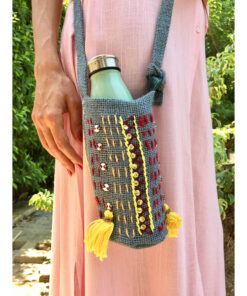 Slate Grey Embroidered Burlap Bottle Cover handmade in Egypt & available at Jozee Boutique.