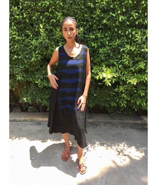 Black & Blue Viscose Midi Sleeveless Dress Handmade in Egypt & available in Jozee boutique