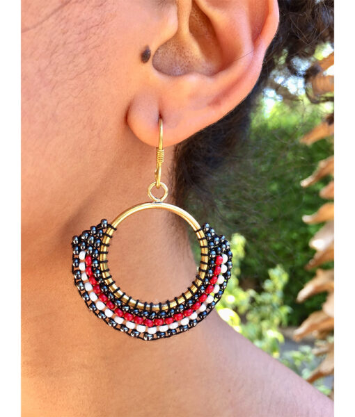 Red, Black & White Beaded Copper Earrings handmade in Egypt & available in Jozee Boutique