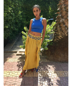 Yellow Siwa Embroidered Linen Slices Skirt handmade in Egypt & available in Jozee boutique