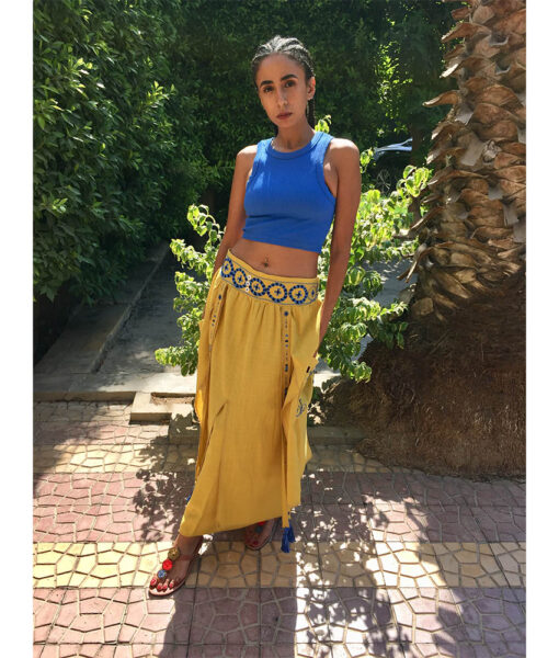 Yellow Siwa Embroidered Linen Slices Skirt handmade in Egypt & available in Jozee boutique