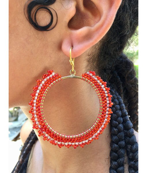 Red & White Beaded Copper Earrings handmade in Egypt & available in Jozee Boutique