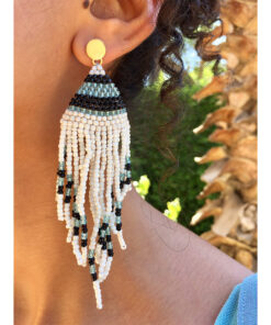 White, Black & Aqua Beaded Earrings handmade in Egypt & available in Jozee Boutique