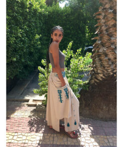 Beige Siwa Embroidered Linen Slices Skirt handmade in Egypt & available in Jozee boutique