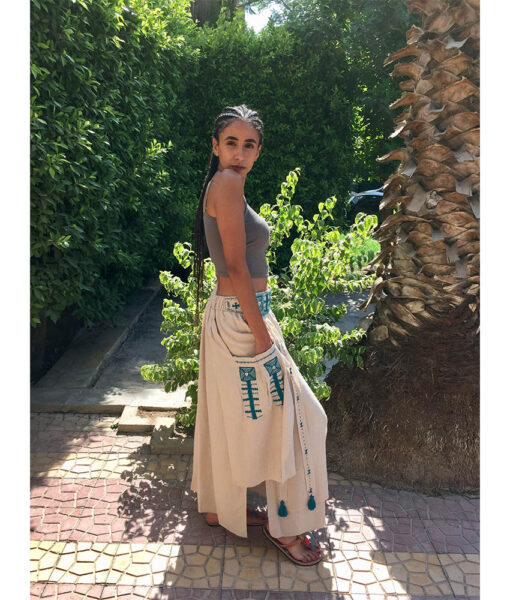 Beige Siwa Embroidered Linen Slices Skirt handmade in Egypt & available in Jozee boutique