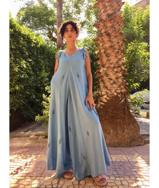 Pale Blue Blue Flowy Jumpsuit/Dress handmade in Egypt & available at Jozee boutique