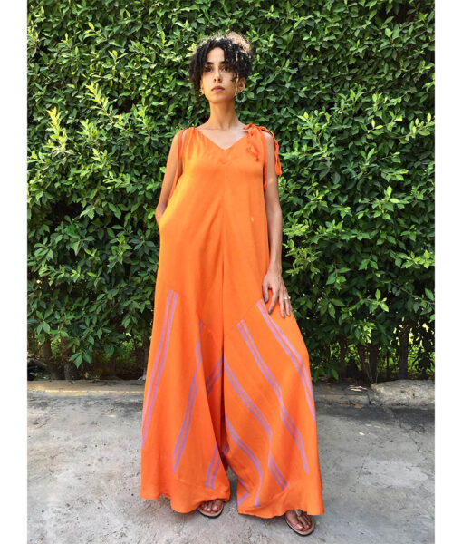 Orange Flowy Jumpsuit/Dress handmade in Egypt & available at Jozee boutique