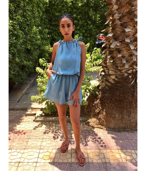 Baby Blue Adjustable Viscose Short Jumpsuit handmade in Egypt & available in Jozee boutique