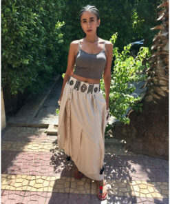 Beige Siwa Embroidered Linen Slices Skirt handmade in Egypt & available in Jozee boutique