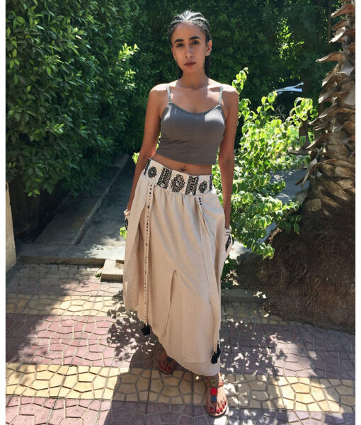 Beige Siwa Embroidered Linen Slices Skirt handmade in Egypt & available in Jozee boutique