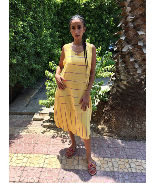 Yellow & Purple Viscose Midi Sleeveless Dress Handmade in Egypt & available in Jozee boutique