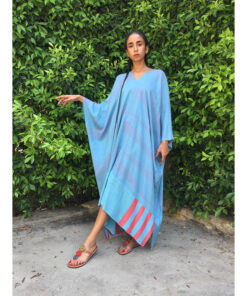 Baby Blue & Red Handwoven Viscose Long Kaftan Handwoven Viscose Top made in Egypt & available in Jozee boutique