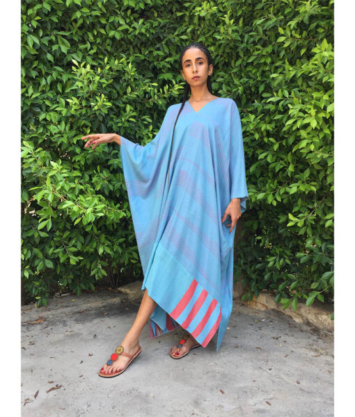 Baby Blue & Red Handwoven Viscose Long Kaftan Handwoven Viscose Top made in Egypt & available in Jozee boutique