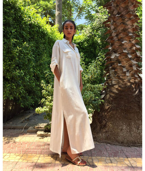 White linen shirt dress handmade in Egypt & available in Jozee boutique