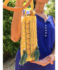 Mustard Embroidered Burlap Bottle Cover handmade in Egypt & available at Jozee Boutique.