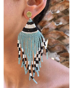 White, Black & Aqua Beaded Earrings handmade in Egypt & available in Jozee Boutique