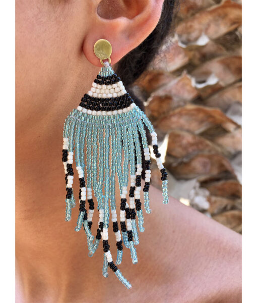 White, Black & Aqua Beaded Earrings handmade in Egypt & available in Jozee Boutique