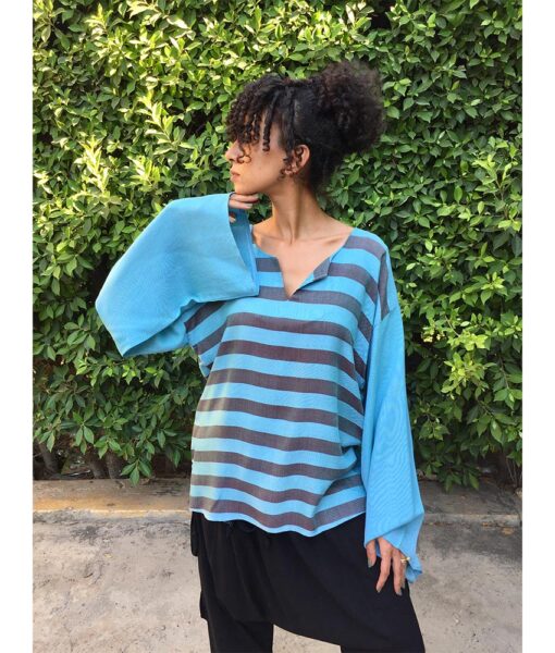 Baby blue & Burgundy Handwoven Viscose Top Handmade in Egypt & available in Jozee boutique