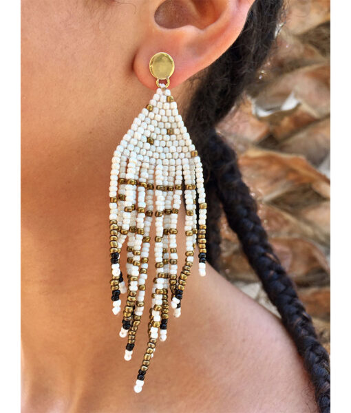 White, Black & Gold Beaded Earrings handmade in Egypt & available in Jozee Boutique