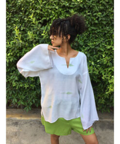 White & Apple green Handwoven Viscose Top Handmade in Egypt & available in Jozee boutique