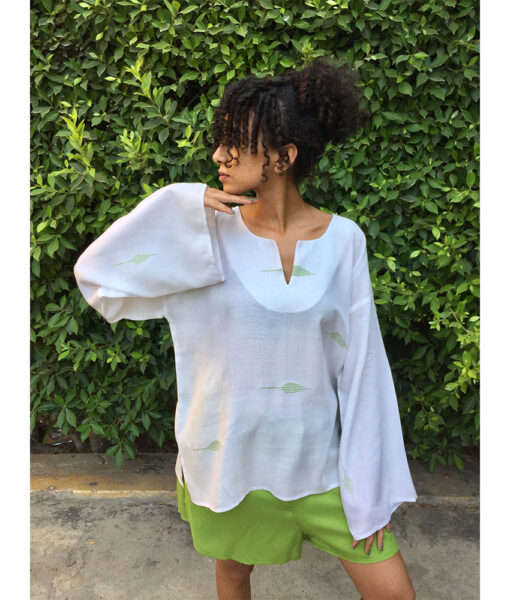 White & Apple green Handwoven Viscose Top Handmade in Egypt & available in Jozee boutique