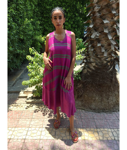 Purple & Green Viscose Midi Sleeveless Dress Handmade in Egypt & available in Jozee boutique