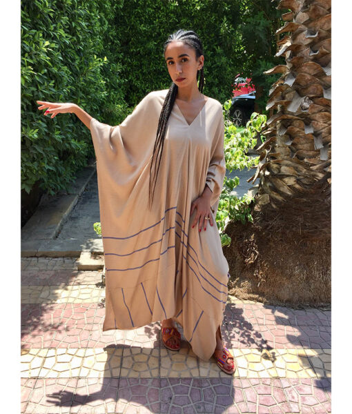 Beige & Blue Handwoven Viscose Long Kaftan Handwoven Viscose Top made in Egypt & available in Jozee boutique