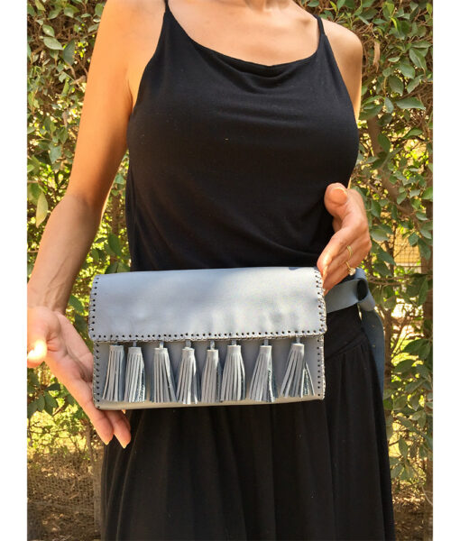 Light grey Genuine Leather waist Bag handmade in Egypt and available at Jozee Boutique.