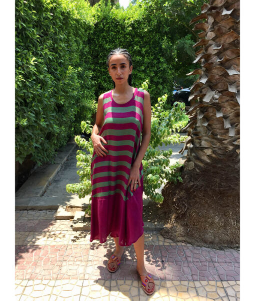 Purple & Green Viscose Midi Sleeveless Dress Handmade in Egypt & available in Jozee boutique