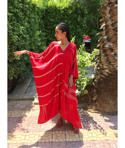 Red Handwoven Viscose Long Kaftan Handwoven Viscose Top made in Egypt & available in Jozee boutique