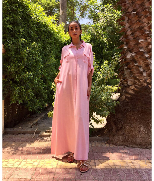 Powder Pink linen shirt dress handmade in Egypt & available in Jozee boutique