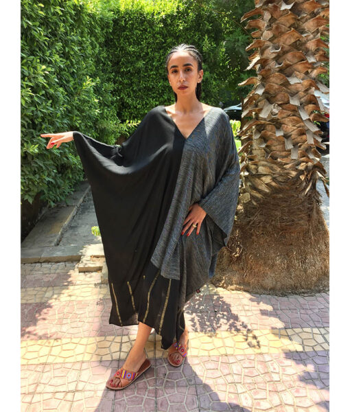 Black & Grey Handwoven Viscose Long Kaftan Handwoven Viscose Top made in Egypt & available in Jozee boutique