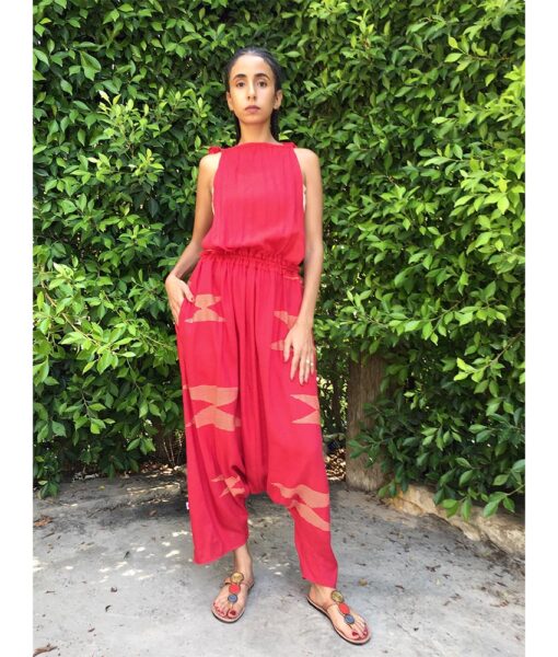 Red Adjustable Viscose Jumpsuit handmade in Egypt & available in Jozee boutique