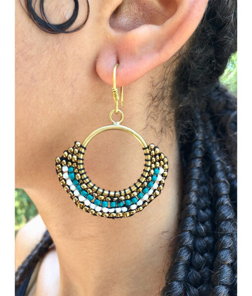 Aqua, Gold & White Beaded Copper Earrings handmade in Egypt & available in Jozee Boutique