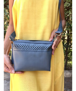 Grey Genuine Leather pouch handmade in Egypt and available at Jozee Boutique.